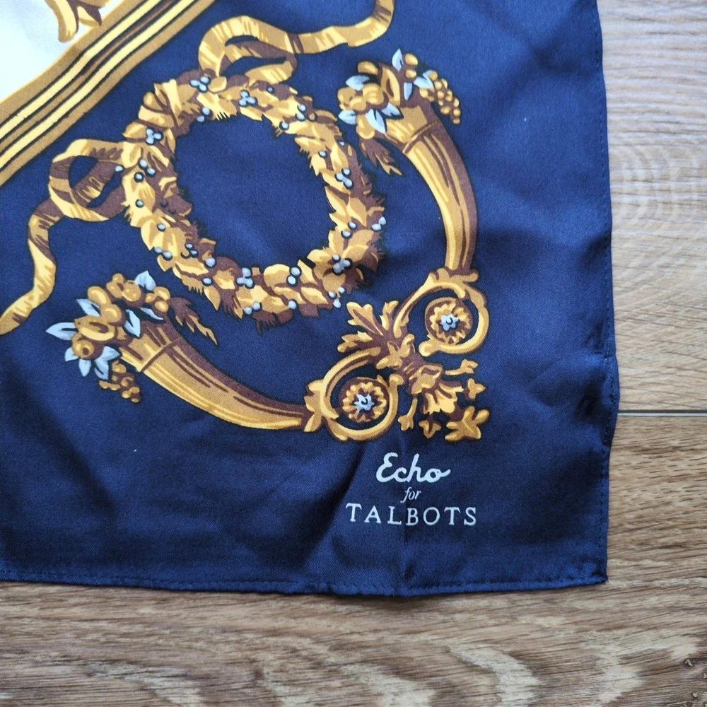 Echo for Talbots Silk Holiday Scarf 12 Days of Christmas Silk Clock Navy Blue